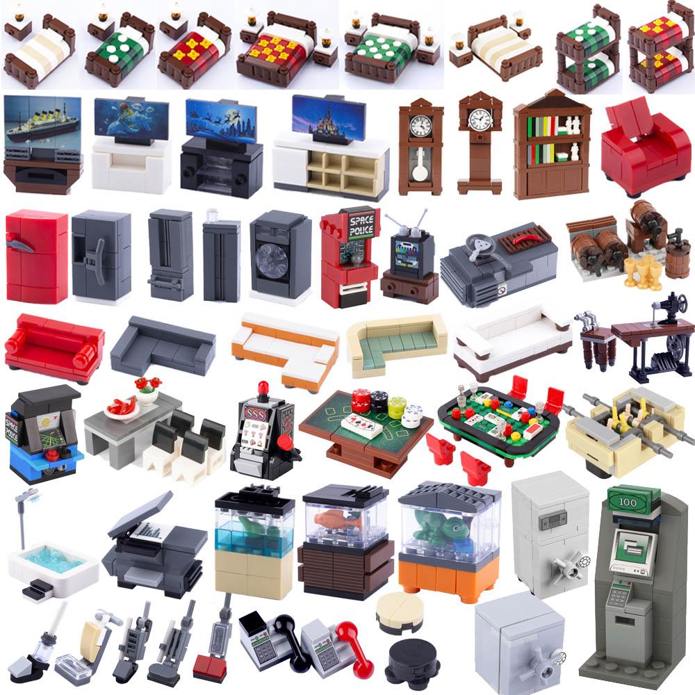 MOC City Scene Building Block Furniture TV Refrigerator Washing Machine Game Console Bed Sofa Vacuum Cleaner Mini Toy Brick K028