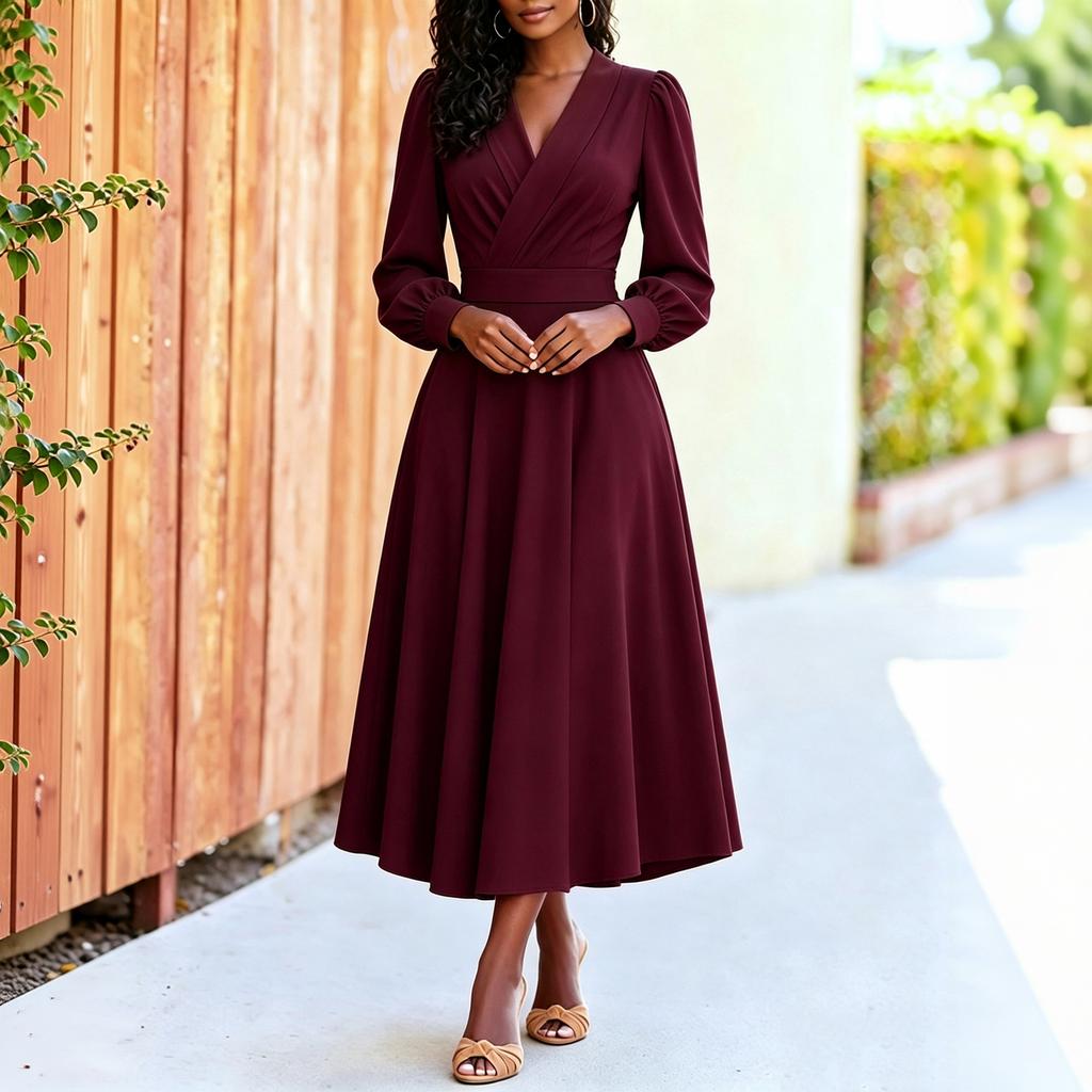 Women's Sleeve V-Neck Slim Fit Swing Dress with Pockets and Cinched Waist