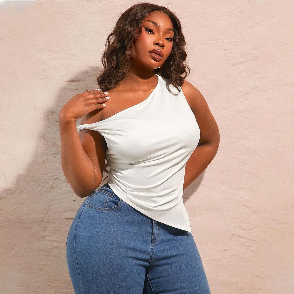 Plus Size Women Sexy Slant Collar Off Shoulder Sleeveless Irregular T Shirt 1XL