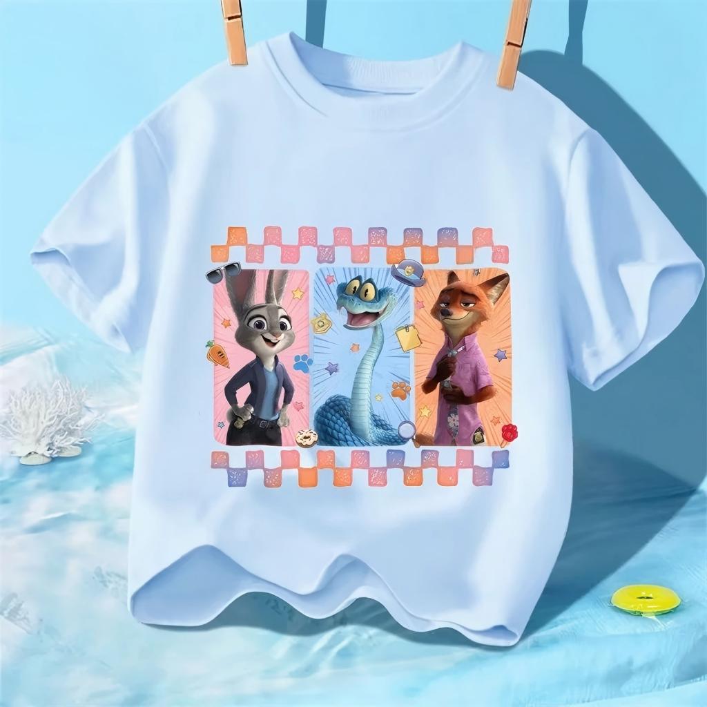 Childrens 2026 TShirt Judy and Nick Cute Rabbit and Fox Cartoons Printed Short Sleeve Casual Summer for Kids