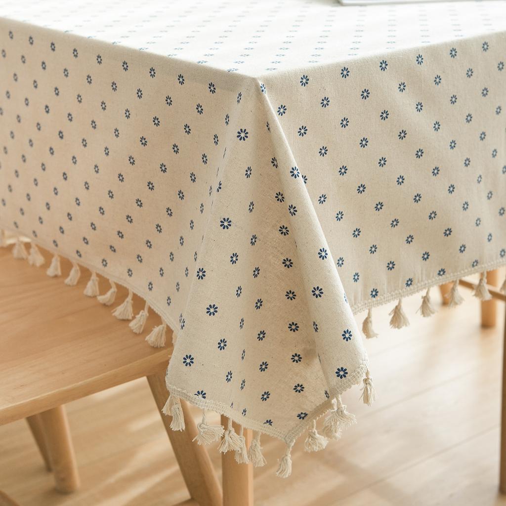 Blue Daisy Printed Rural Cotton Linen Tablecloth With Fringed Lace Home Coffee Pendant Tea Table Pad Meal Cloth