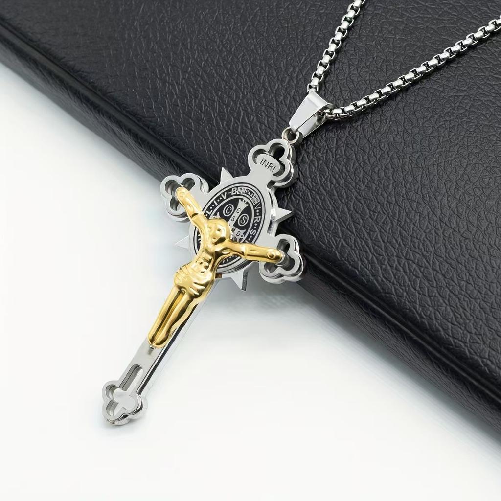 New Men's Stainless Steel Cross Necklace with Diamonds, Vacuum Plating, Non-fading Hip-hop Accessories