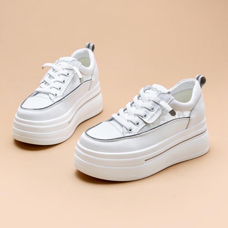 Białe buty na grubej podeszwie dla kobiet, Wiosenne sportowe buty codzienne, Uniwersalne płaskie buty podwyższające dla kobiet