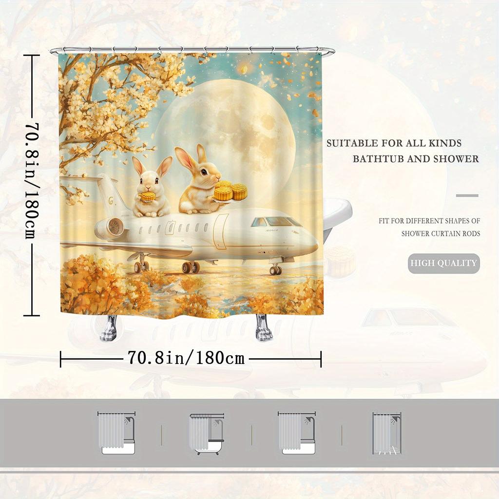 1pc Whimsical Fluffy Rabbits Jet Shower Curtain - Full Moon & Autumn Trees, Fade-Resistant Polyester,Modern Bathroom Decor