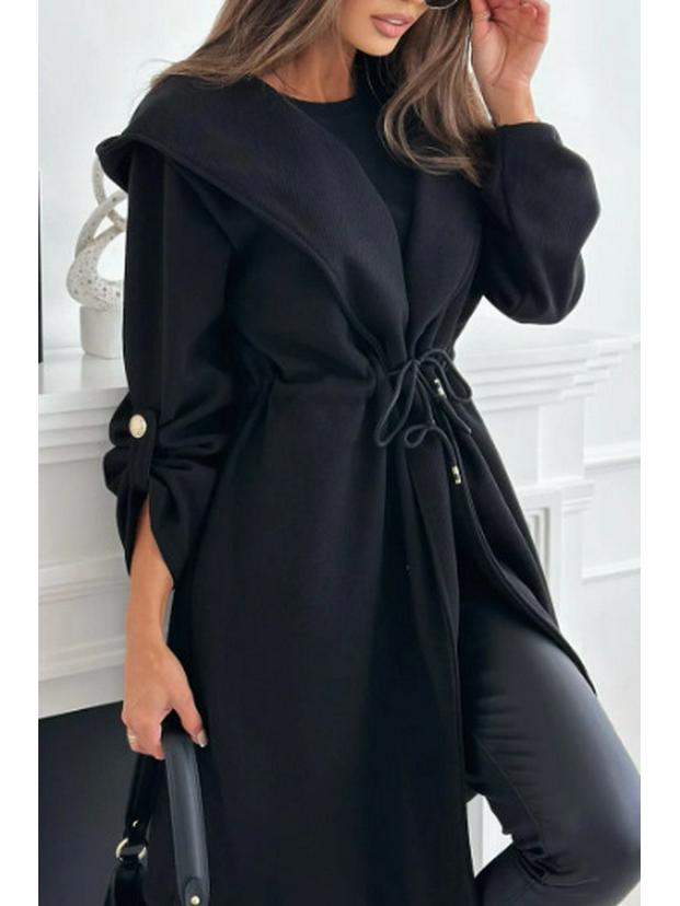 2025 Międzynarodowy Modny Damski Płaszcz Przejściowy z Kapturem i Klapami, Wiązany w Pasie - Casualowy, Długi Rękaw, Styl Jesienno-Zimowy