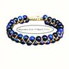 1pc CHENGYOUGE Bohemian Adjustable Bracelet - Natural Cat's Eye/Tiger's Eye Beads, Navy Blue & Golden accents, Adjustable Knot Closure, Everyday & Vac