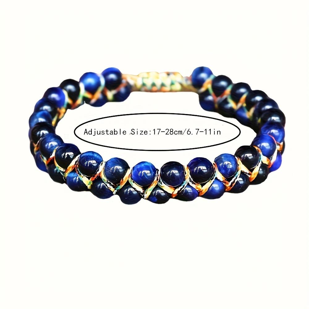 1pc CHENGYOUGE Bohemian Adjustable Bracelet - Natural Cat's Eye/Tiger's Eye Beads, Navy Blue & Golden accents, Adjustable Knot Closure, Everyday & Vac