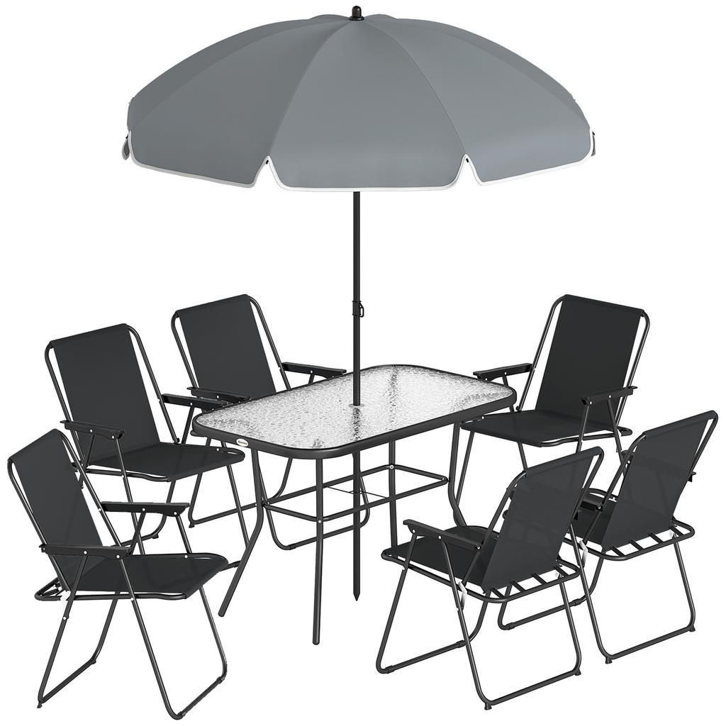 8-Piece Garden Set with Parasol, 6 Folding Chairs and Tempered Glass Outdoor Table, Black
