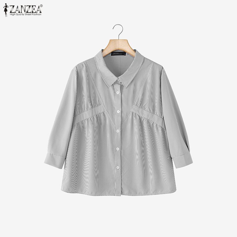 ZANZEA Women Casual Turn Down Collar 3/4 Sleeve Loose Stripe Blouse