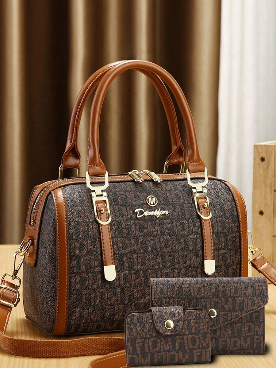 Women s Monogram Print Pillow Shape Top-Handle Handbag with Detachable Strap
