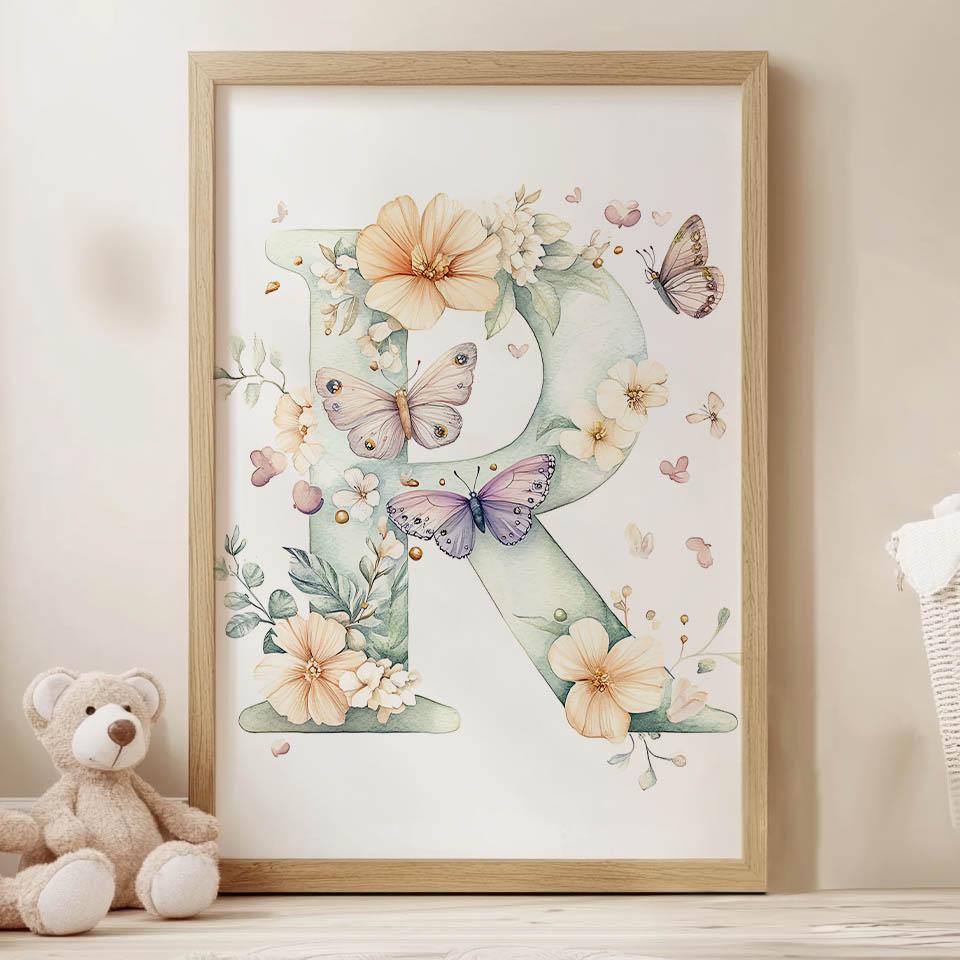 Plakat Literka "R" W Kwiatach I Motylach Plakat Literka "R" W Kwiatach I Motylach, 30X40 Cm, Bez Ramy, Płótno Premium Na Blejtramie