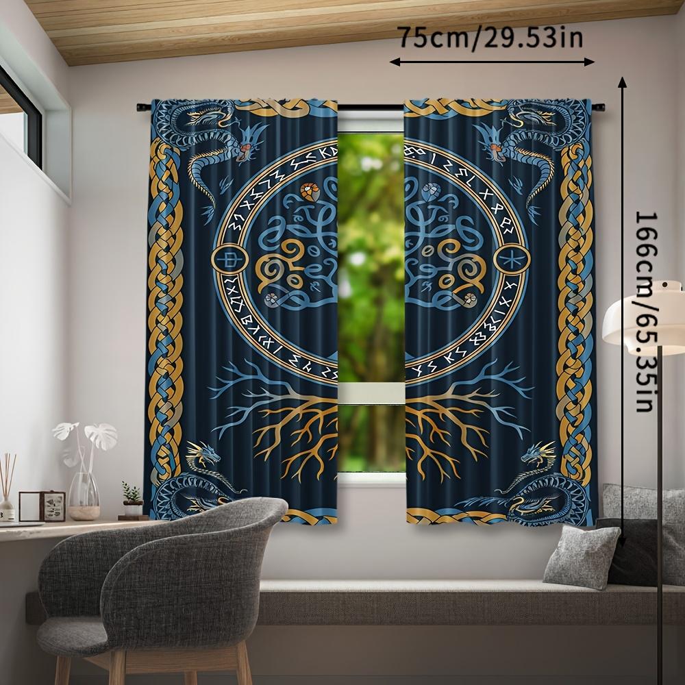 Set Of 2 Viking Tree Life Curtains Scandinavian Pirate Style Woven Polyester Pongee Semi Sheer Roller Embossing Mach Curtain With Room Darkening