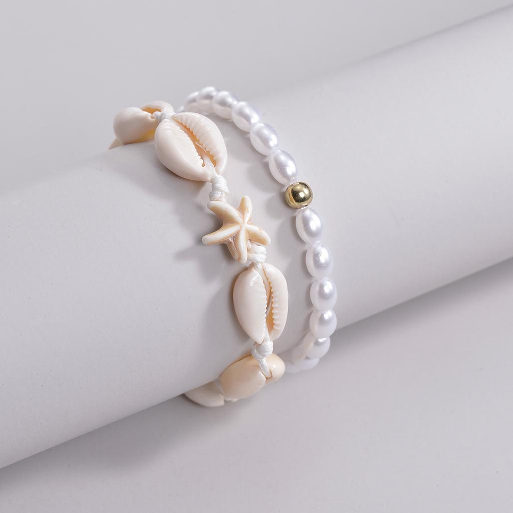 2 PCS Beach Vacation Style Fashion Imitation Pearl Shell Beaded Elastic Rope Bracelet Couple Jewelry Gift