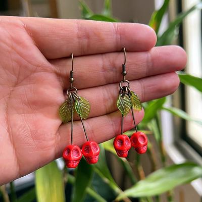 Adornment Punk Exaggerated Red Skull Cherry Leaf Earrings Female Punk Personality