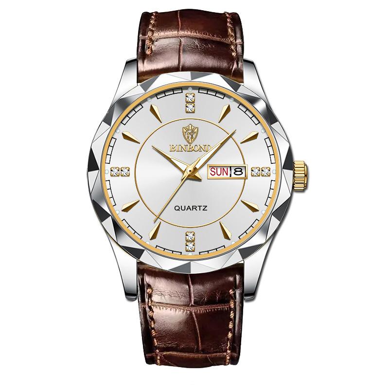 Men's Watch Gold Watch Steel Belt Double Calendar Week Quartz Watch Men's Watch
