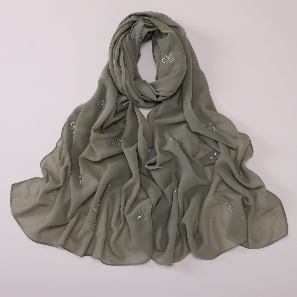 Pearl Chiffon Starry Bow Rhinestone Long Scarf Muslim Women Headscarf
