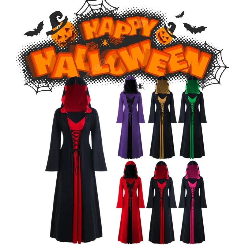 Halloween Lady Witch Hooded Loose Skirt V Neck Long Sleeves Performance Costume