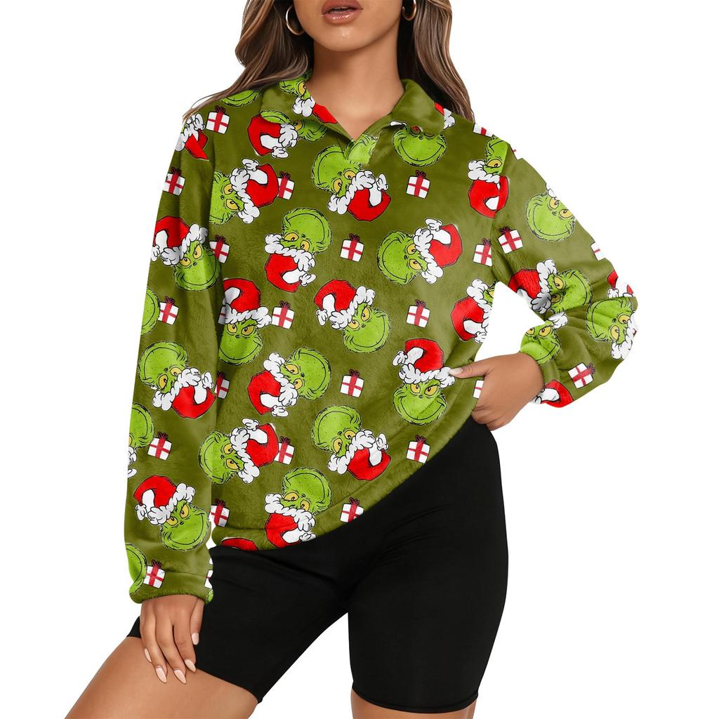 Women's Stand Collar Pullover Long Sleeve Top Christmas Print Sports Top