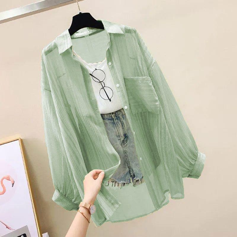 2024 Loose Mint Chiffon Cardigan: Korean Style Women's Long Sleeve Summer Jacket