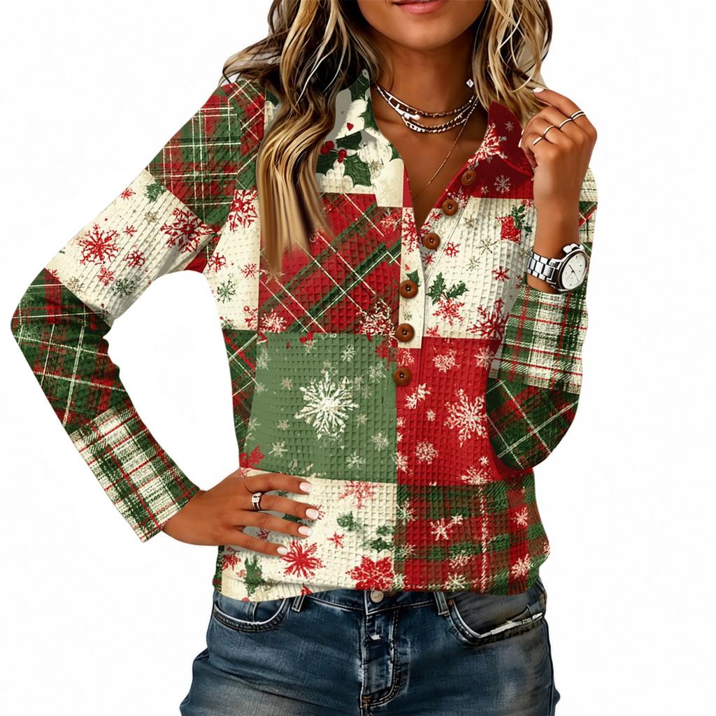 Damen Strickoberteil mit Weihnachtsdruck, Langarm, Lässige Feiertagsbluse für festliche Anlässe