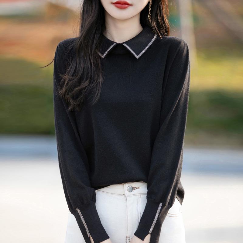 Women's Long-Sleeve Merino Wool Polo Sweater with Turn-Down Collar