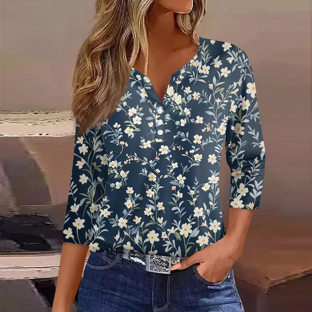 Women's T Shirt Print Button 3/4 Sleeve Daily Weekend Fashion Basic V- Neck Regular Top