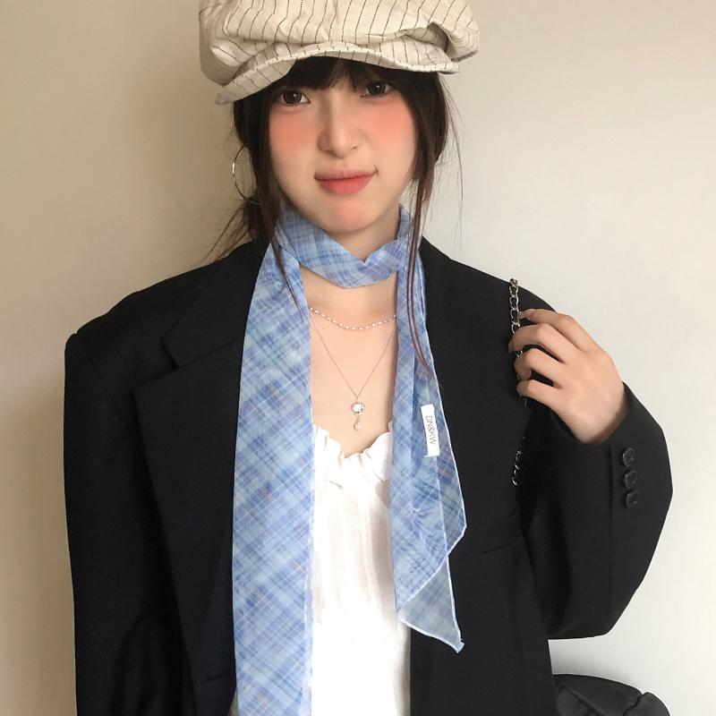 Korean Long Scarves Plaid Floral Print Lightweight Lace Mesh Scarf Versatile Neck Accessory Hair Scarf Neckerchief