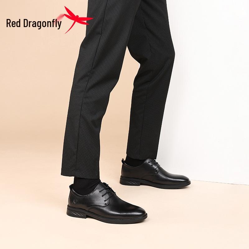 Red Dragonfly Men's Black Leather Shoes - British Style, Soft Sole, Ideal for Weddings, Business, and Casual Wear.