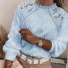 Women White Lace Crochet Neck Long Sleeve Knit Sweater Blouse