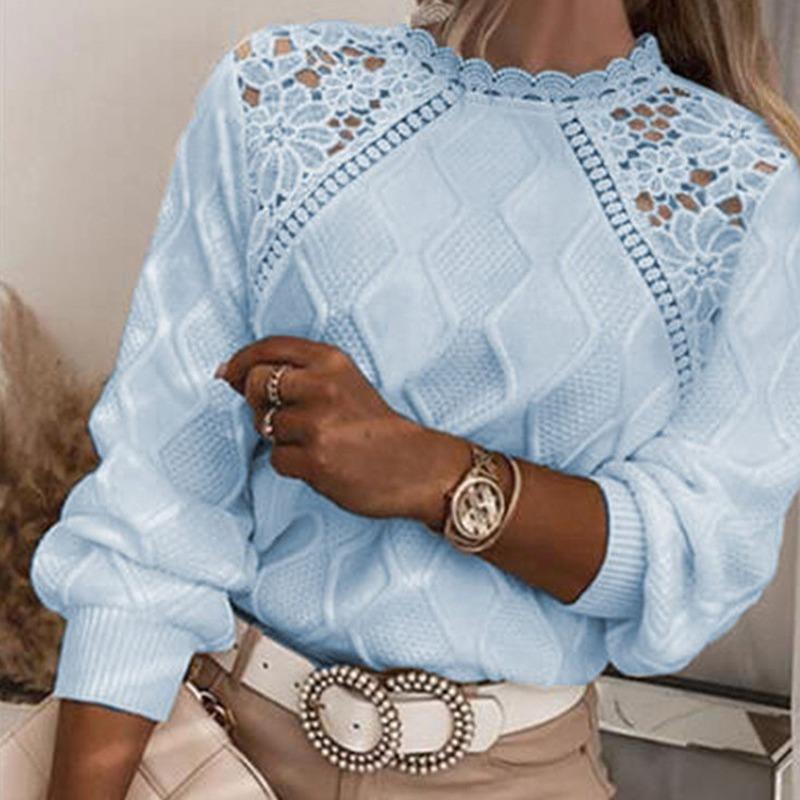 Women White Lace Crochet Neck Long Sleeve Knit Sweater Blouse