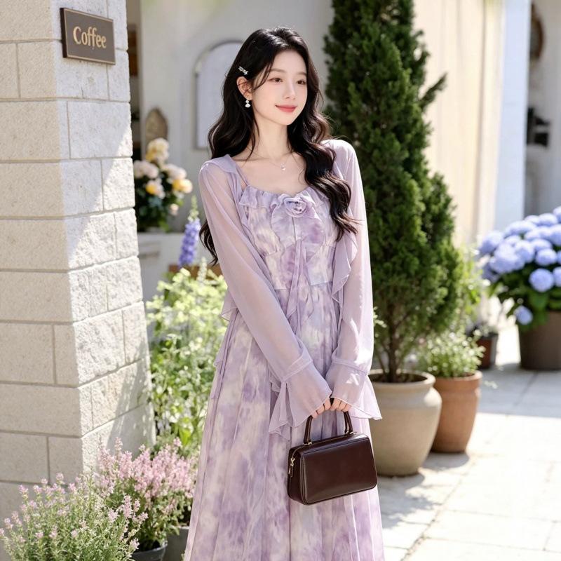 Suspender dress women's summer temperament purple suspender skirt with sunscreen cardigan two pieces