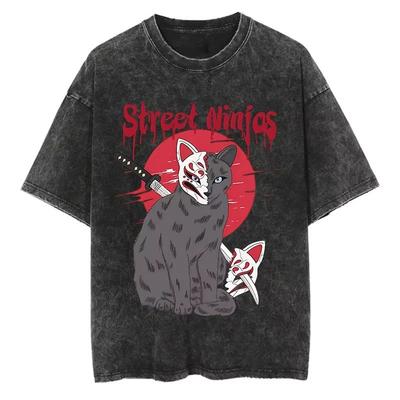 Animal Cat Print Vintage Washed Tshirt Harajuku Streetwear Graphic Y2K T-Shirt Summer Short Sleeve 100% Cotton Hip Hop Tshirt