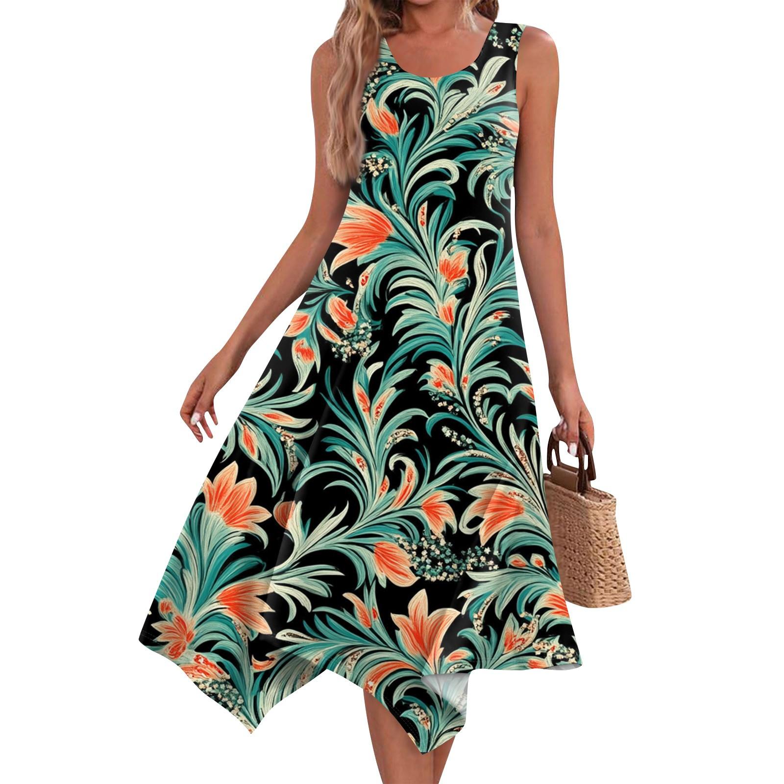 

Женское повседневное модное платье миди с круглым вырезом без рукавов и принтом, неровным подолом, платье миди с подолом XL