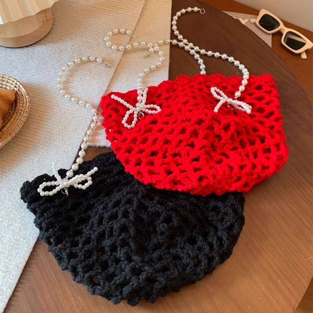 Hollow Out Crochet Knitted Hat Pearl Tassels Weave Cap Vintage Ethnic Style Hat  Outdoor