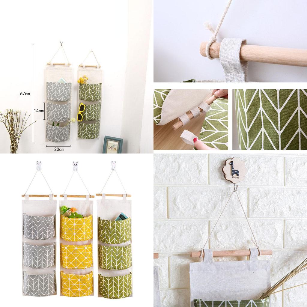 Schicke Baumwoll-Leinen Hängende Aufbewahrungstasche mit 3 Taschen für effiziente Heim- und Schrankorganisation