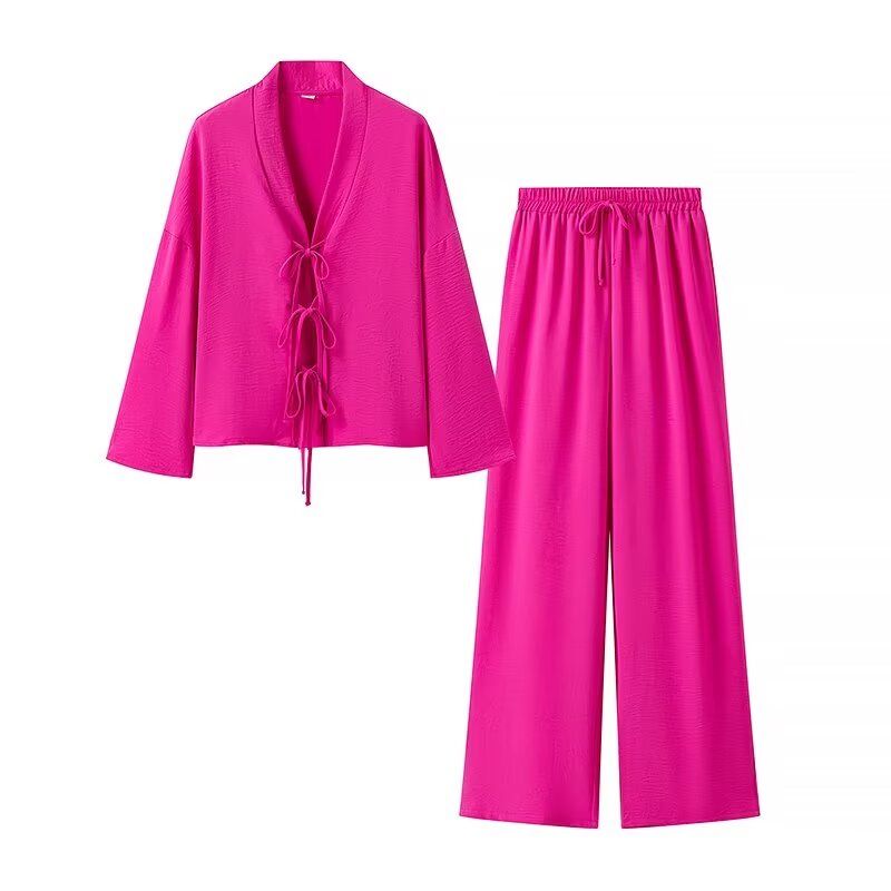 

Kaslead New Arrival Women s Clothing Fashion Style Fashion Minimalist Lace-up Long Sleeve Tops Casual Pants Suit Rose Red L