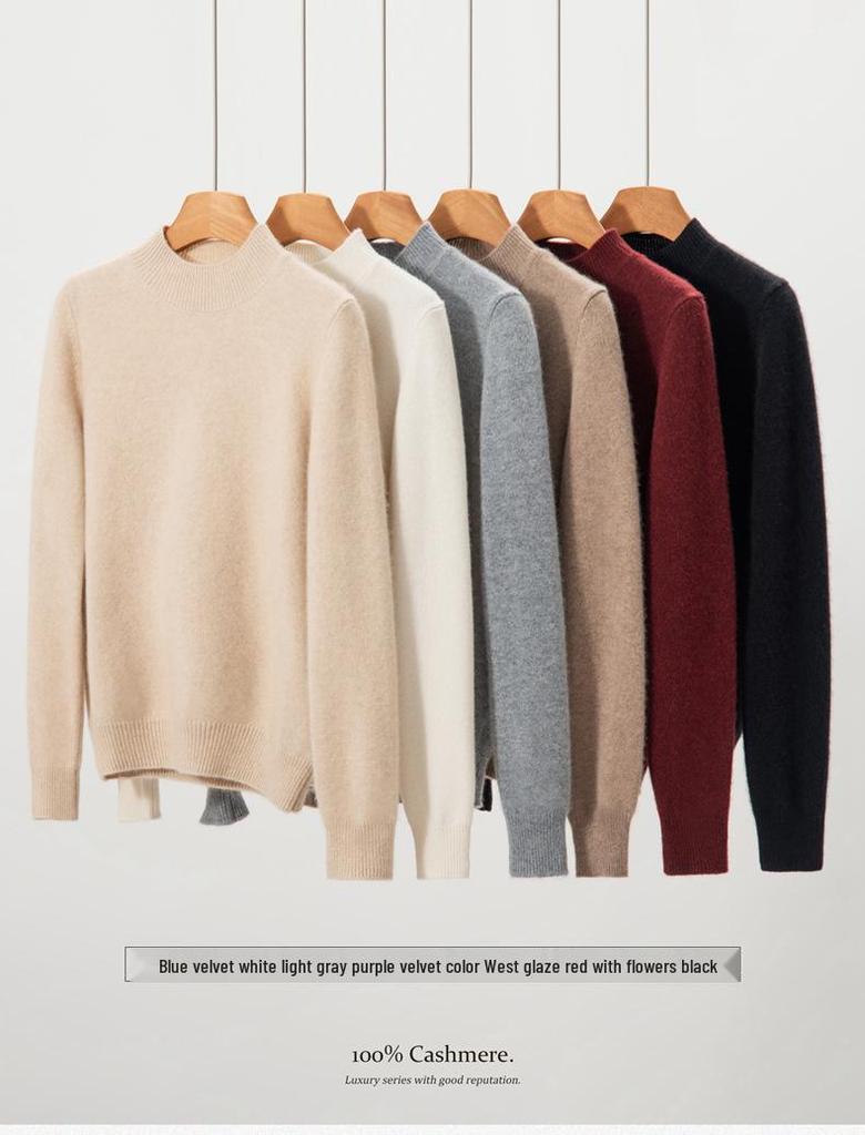 Women's 100% Cashmere Pullover Sweater, Half-High Collar, Long Sleeve, Thick Knit, Autumn/Winter Style.