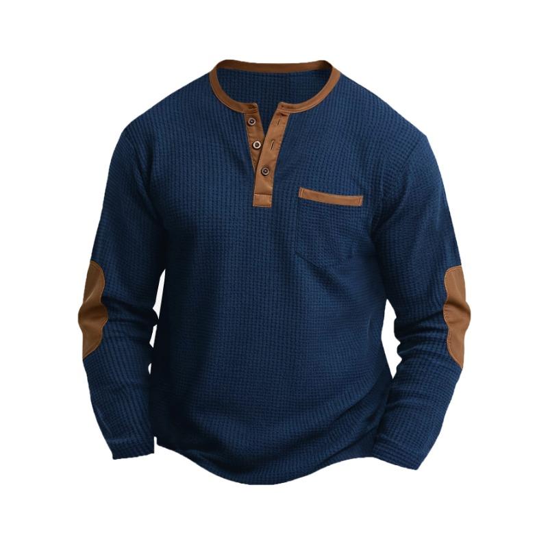 Men's Waffle Knit Henley Long Sleeve Shirt Contrast Leather Patch Pocket Elbow Patch Casual Top
