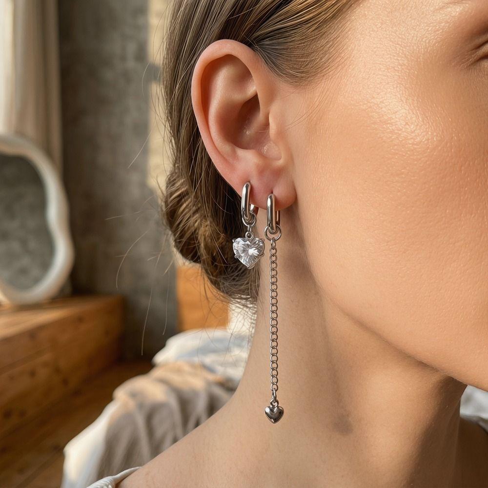 Tassel Design Asymmetric earrings Y2K Crystal Heart Earrings Long Pendant Earrings  Daily Wear