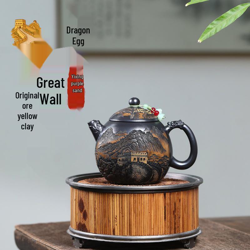 Yixing Yellow Clay Dragon Egg Teapot Set with Certificates
