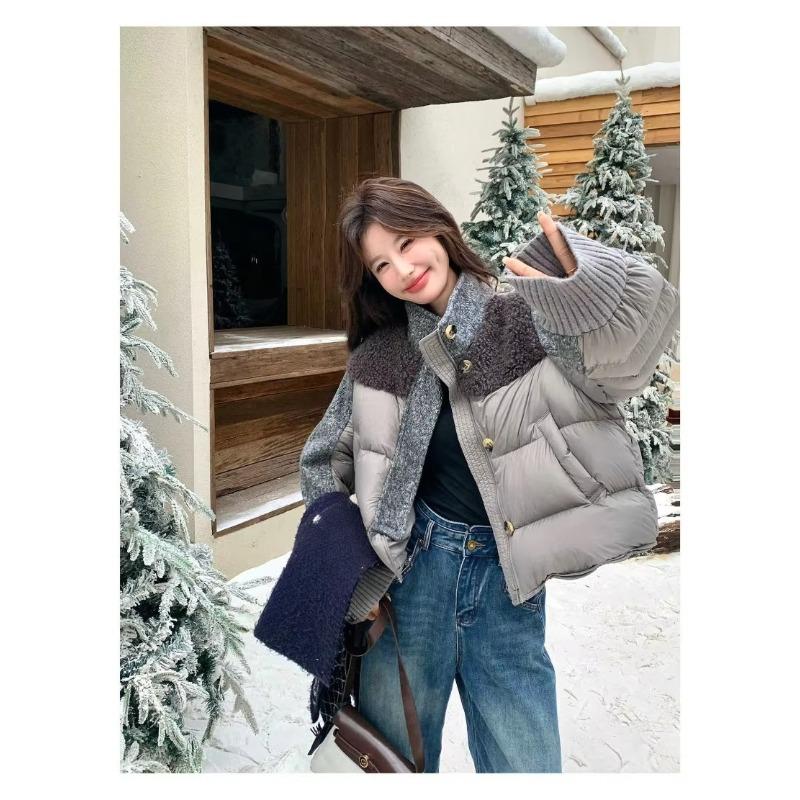 Fashion Woolen Spliced Down Padded Jacket Women's Winter Short Coat Loose Parkas Thicken Warm Stand-collar Outerwear