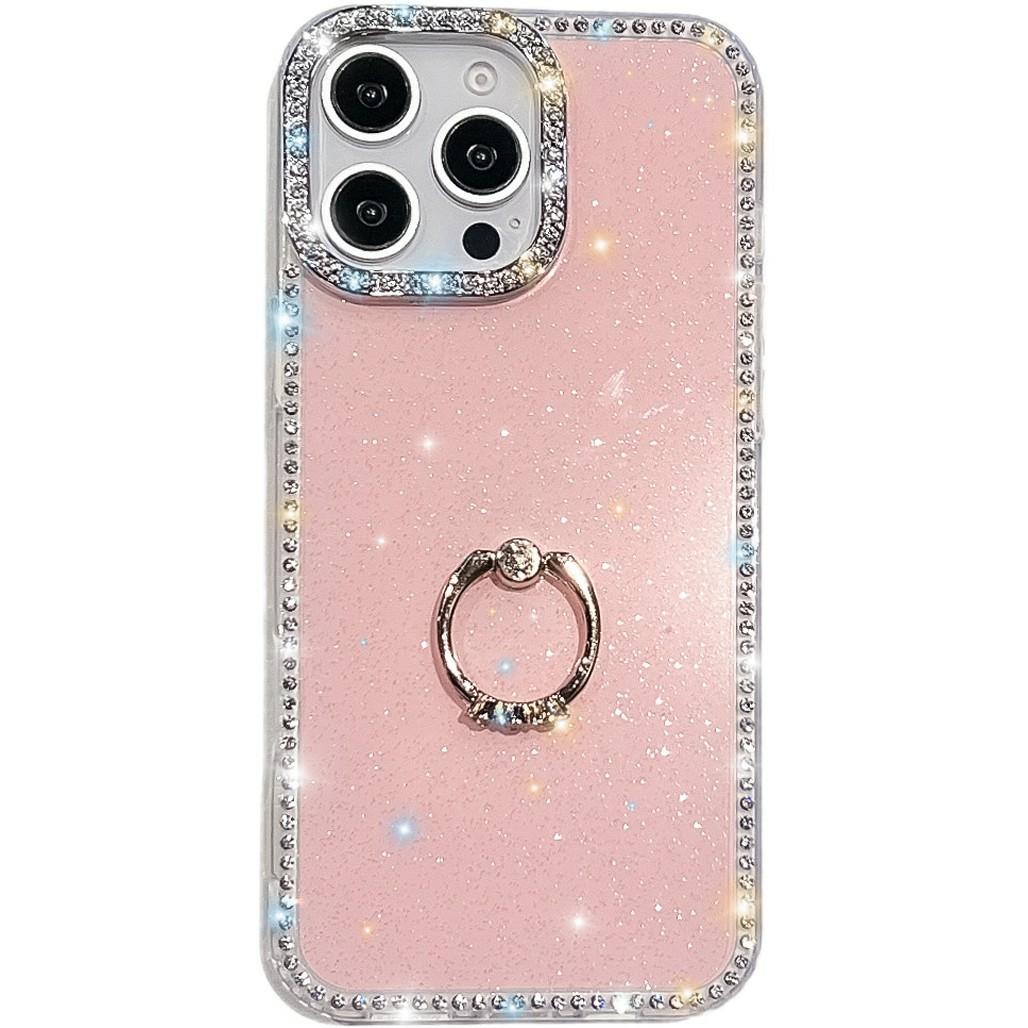 

For iPhone 16 Pro Case with Ring Kickstand Rhinestone Edge TPU+PC IMD Phone Cover D