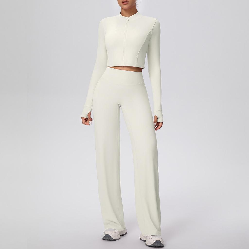 New Cross-border Solid Color Zip Jacket & Wide Leg Yoga Suit - Two-piece Fitness Set