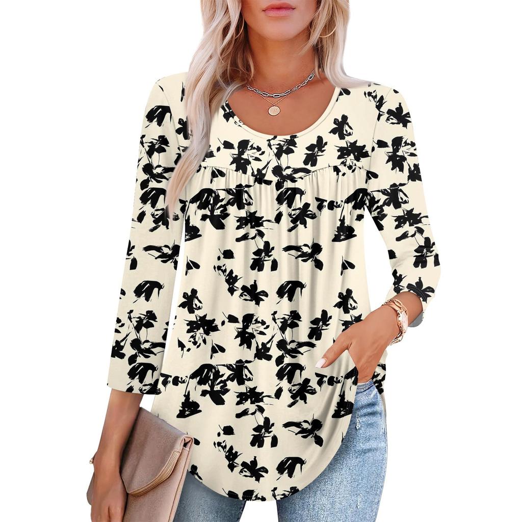 Women's Fashion Seven Sleeve Top Round Neck Pleated Casual Printed Top