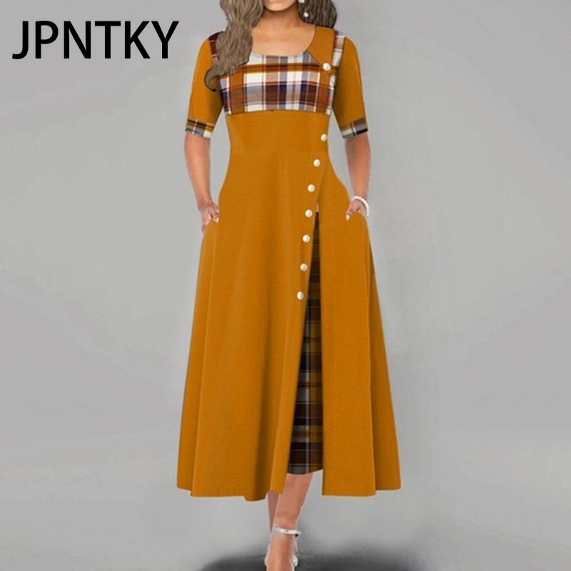 

JPNTKY Женское модное повседневное платье макси с коротким рукавом и круглым вырезом в клетку с принтом на пуговицах больших размеров XXXXXL жёлтый