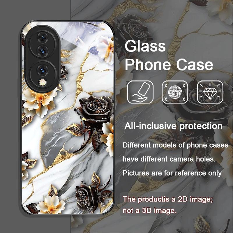 Aesthetic Flower Marble Texture Art Tempered Glass Phone Case for Huawei Nova 13 12 11 10 SE Mate 70 60 Pro+ P60 P50 P40 Covers
