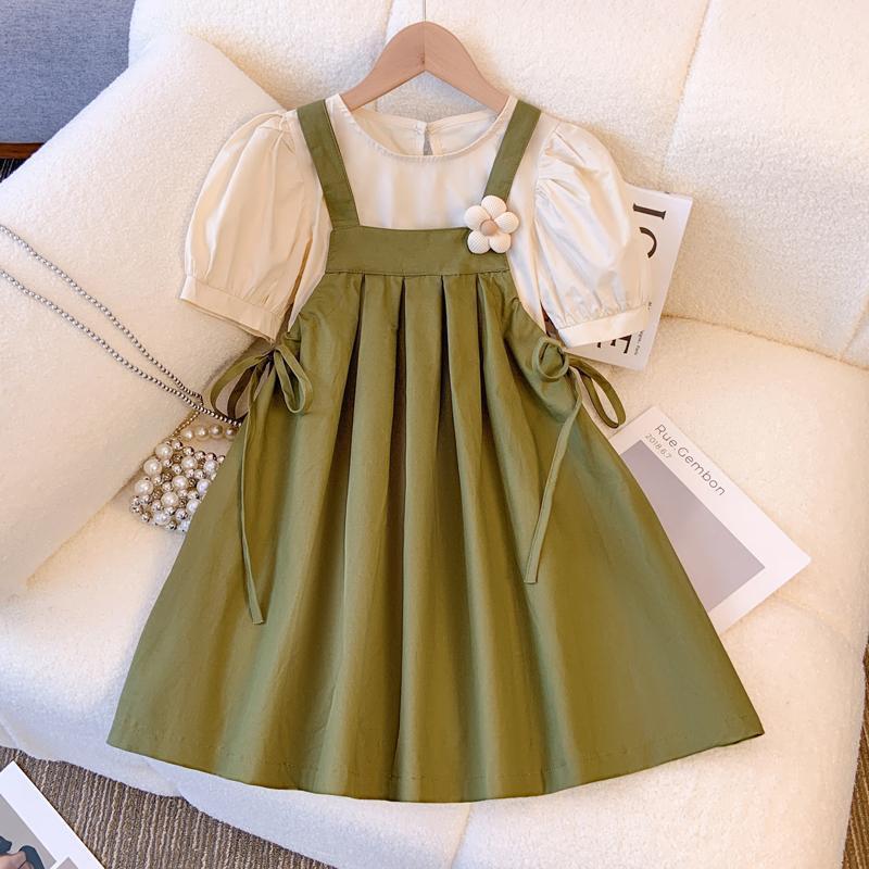 2024 Summer Girls' Stylish Casual Two-Piece: Bubble Sleeve Top & Suspender Dress