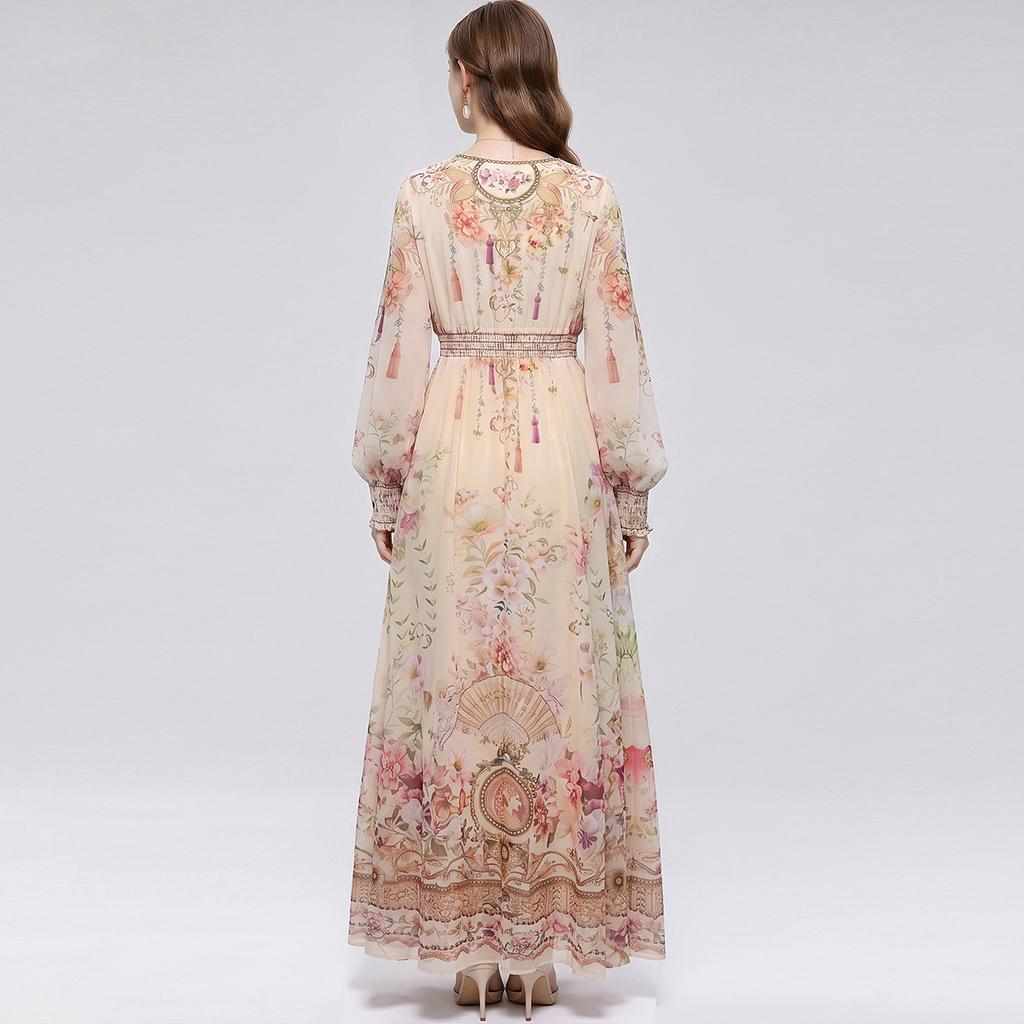 French Romantic-Style Printed Long-Sleeve Dress for Women Autumn V-Neck Puff Sleeves Elastic Waist A-Line Elegant Long Maxi Dress