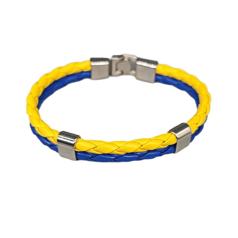 Wielowarstwowa bransoletka ze skóry PU z blokami kolorów niebieskiego i żółtego oraz klamrą z flagą Ukrainy