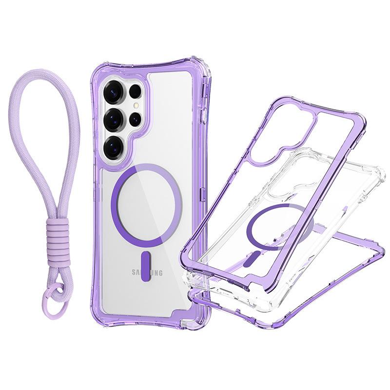 For Samsung S25 Ultra Magnetic Transparent Triple-Function Phone Case with Wrist Strap